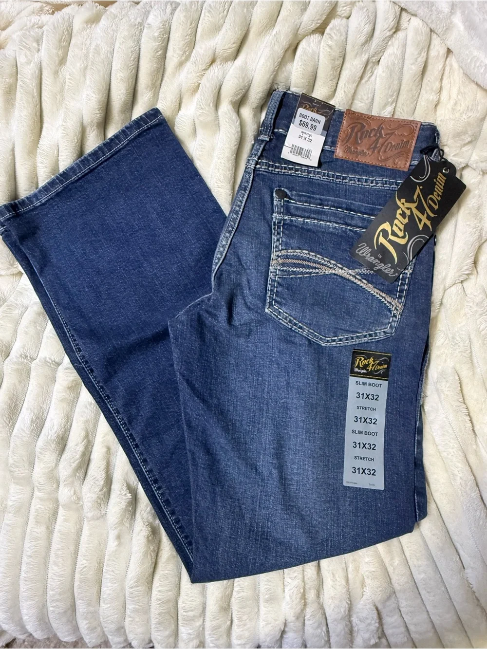 Rock 47 Wrangler Men’s Bootcut Jeans — Dark Blue